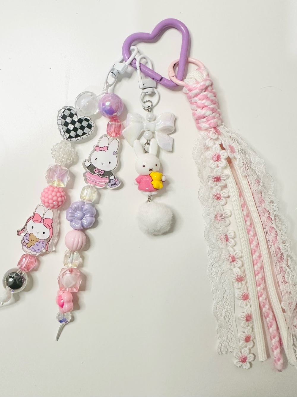 Cute Miffy Pastel Bunny & Bead Charm Keychain - Pink & Lavender